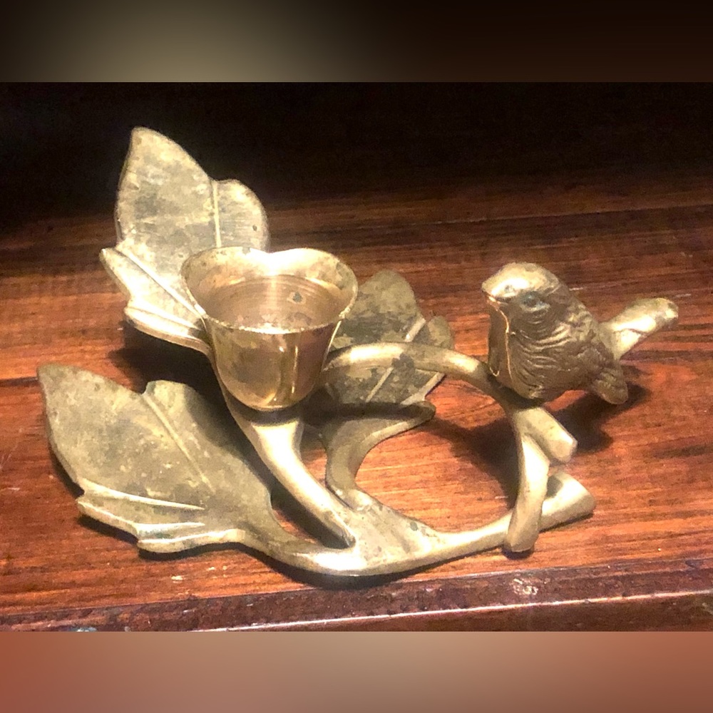 10862 VTG Brass Bird Branch Leaf Taper Candle Holder Mid Century Cottage Decor